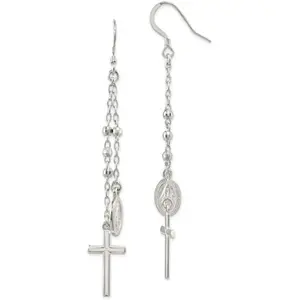 Miraculous Medal and Cross Hook Earrings (79.7X10.9MM) | Silver | Sterling Silver | Unisex