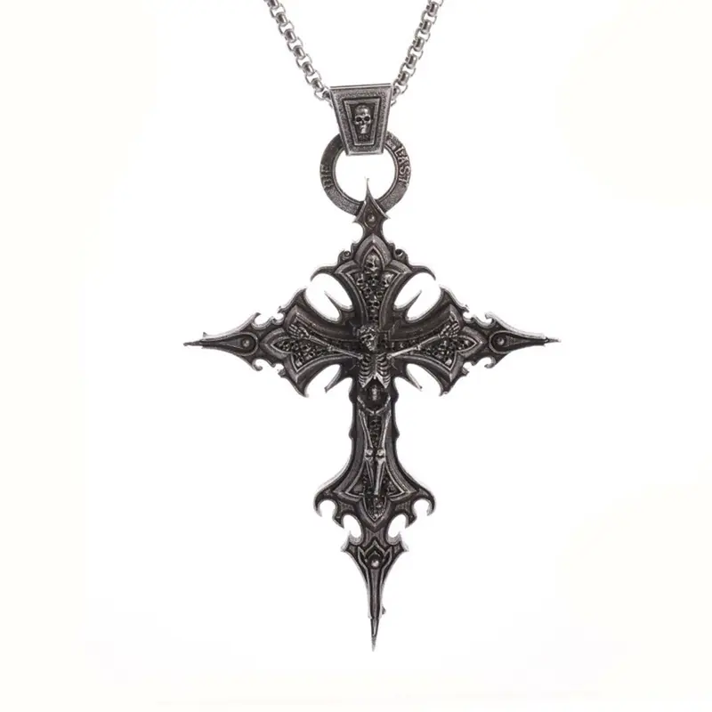 Gothic Skull Dark Cross Jewellery Pendant with Adjustable Chain Necklace, Retro Goth Artificial Gemstone Unisex Cross Necklace for Women, Bold Night Out Accessory