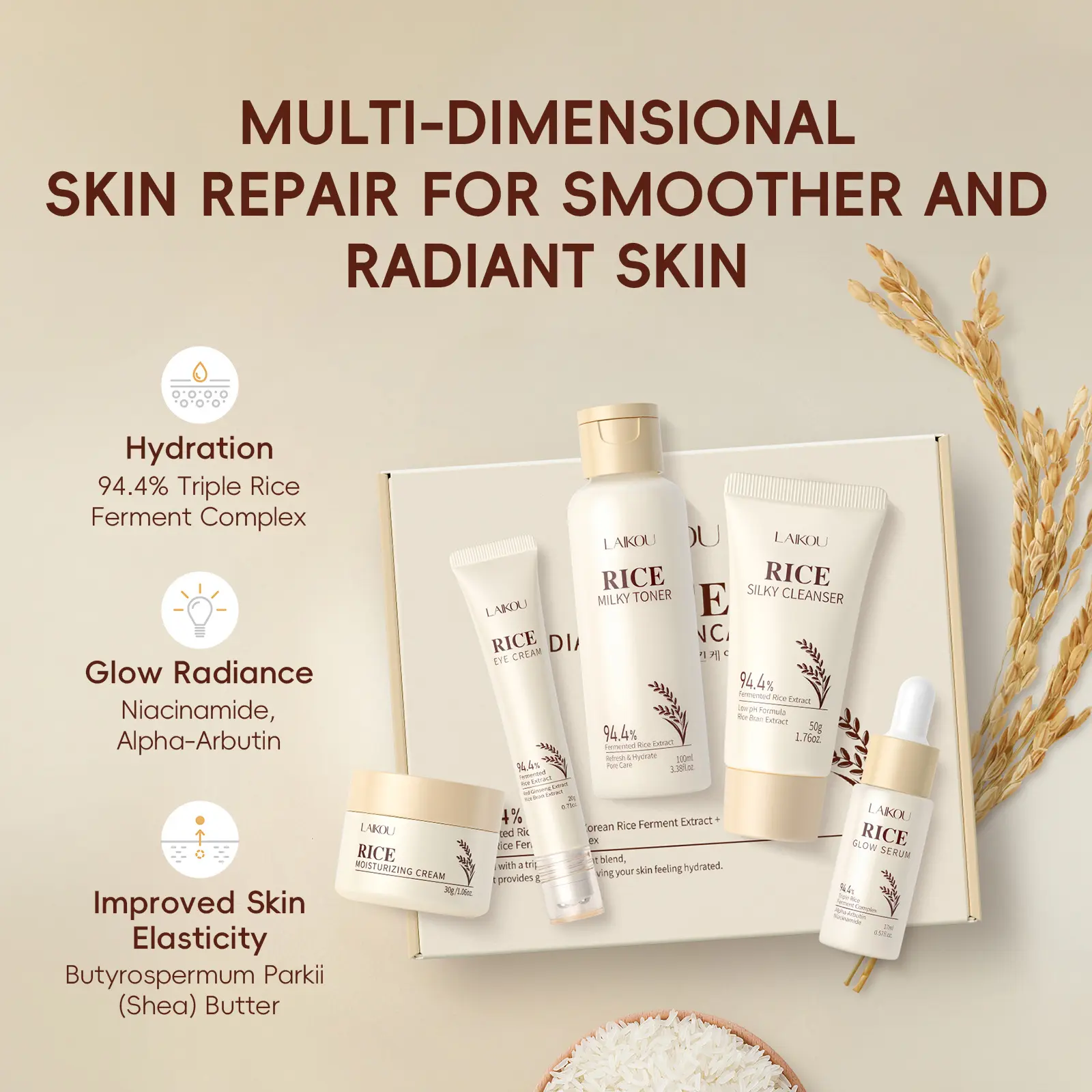 Rice Fermentation Essence Five-Piece Set, Cleanser, Toner, Serum, Eye Cream, Moisturizer, Hydrating & Brightening, Soothes Sensitive Skin, Skin Brightening Kit