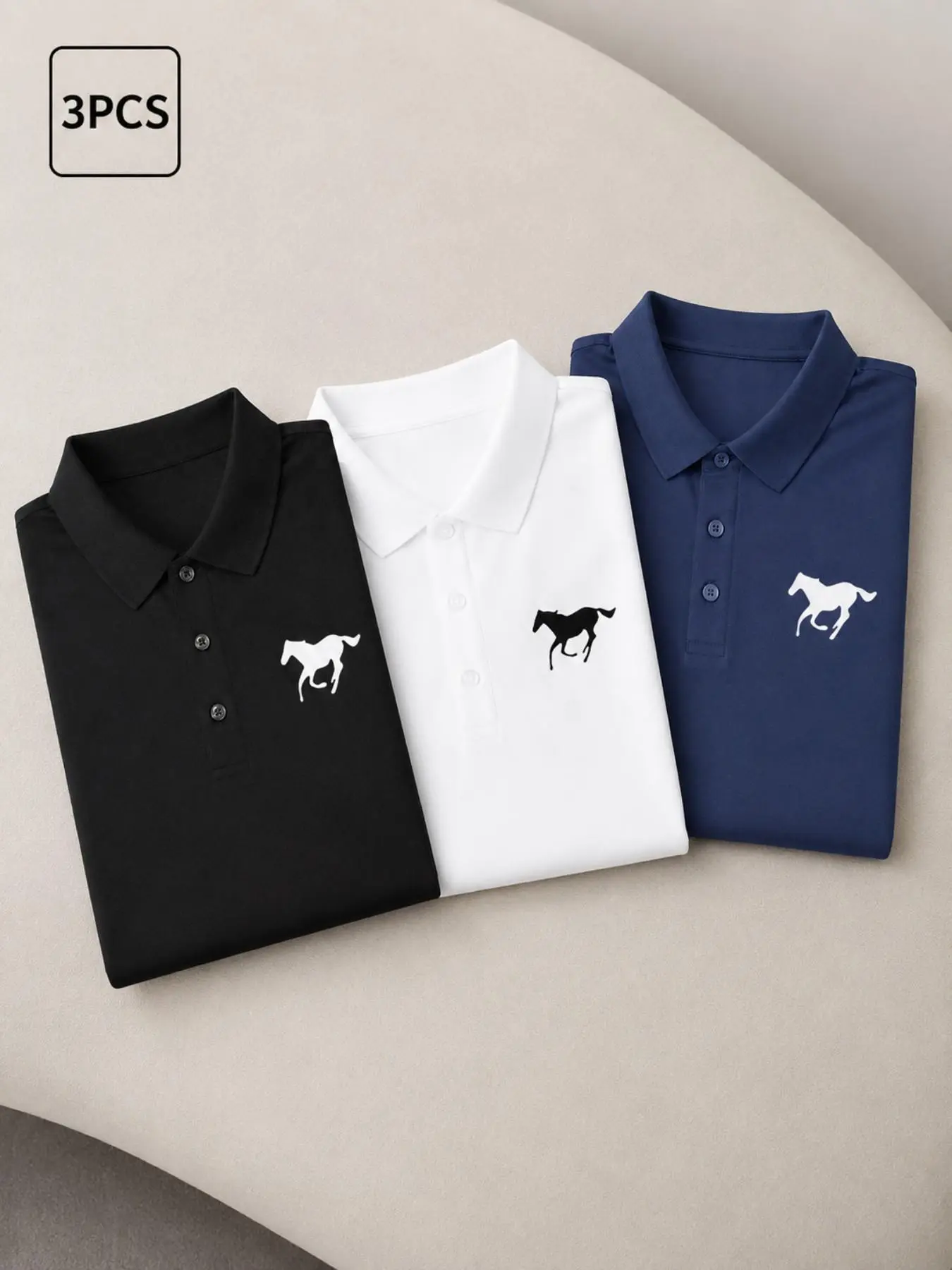 Men’s 3-Pack Stylish Horse Print Shortsleeve Polo Shirts - Breathable Fabric, Classic Fit, Button Placket, Performance Design for Golf, Casual Wear, Menswear, Top, Polyester