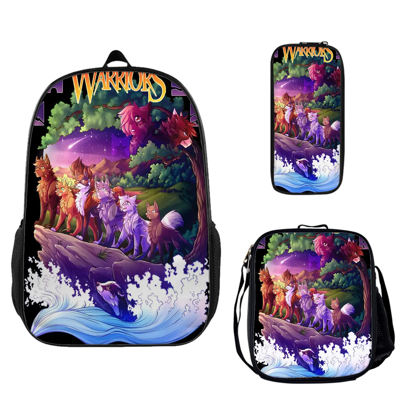 Warrior Cats 3-Piece Large Capacity Backpack Set - Vibrant, Water Resistant Back to School Haul with Insulated Lunch Box, High-Definition Prints Pencil Pouch for Teens, Holiday/Birthday Gift for Fans c-293, Lightweight, Hiking Backpacks, Camping, Cartoon,