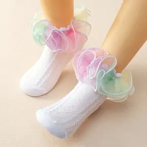 1 Pair of Children's Girls' Mid-large Size Mesh Lace Socks with Net Lace Dance Ankle Socks