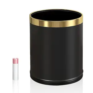 2.64 Gallon/10L Black Bathroom Trash Can Metal, Double Walled Waste Paper Basket, Bathroom Garbage Can, Elegant Office Waste Basket, for Bedroom, Kitchen, Hotel, Cafe, Business(10L Gold Edge)