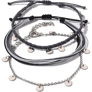 String Ankle Bracelets Waterproof Rope Anklets Braided Beach Boho Coin Anklets Cute Friendship Foot Jewelry for Women