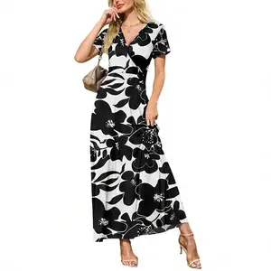 AUSELILY Maxi Dresses for Women V neck Ankle Length Floral Print Beach Long Flowy Dress with Pockets