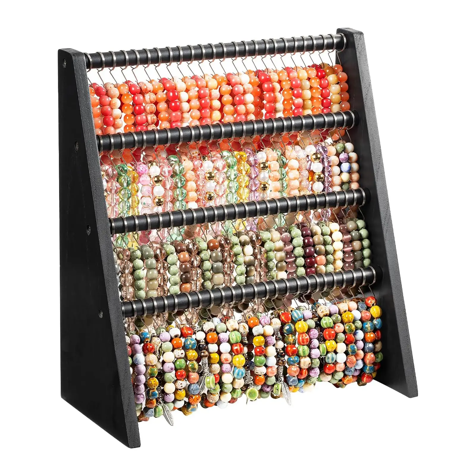 Bracelet Holder Stand for Vendors, 4 Tier Wooden Jewelry Display Organizer for Bracelets and Bangles, Black Countertop Rack with 100 Hooks, Solid Wood Storage Stand for Home Store Craft Show Display