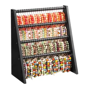 Bracelet Holder Stand for Vendors, 4 Tier Wooden Jewelry Display Organizer for Bracelets and Bangles, Black Countertop Rack with 100 Hooks, Solid Wood Storage Stand for Home Store Craft Show Display
