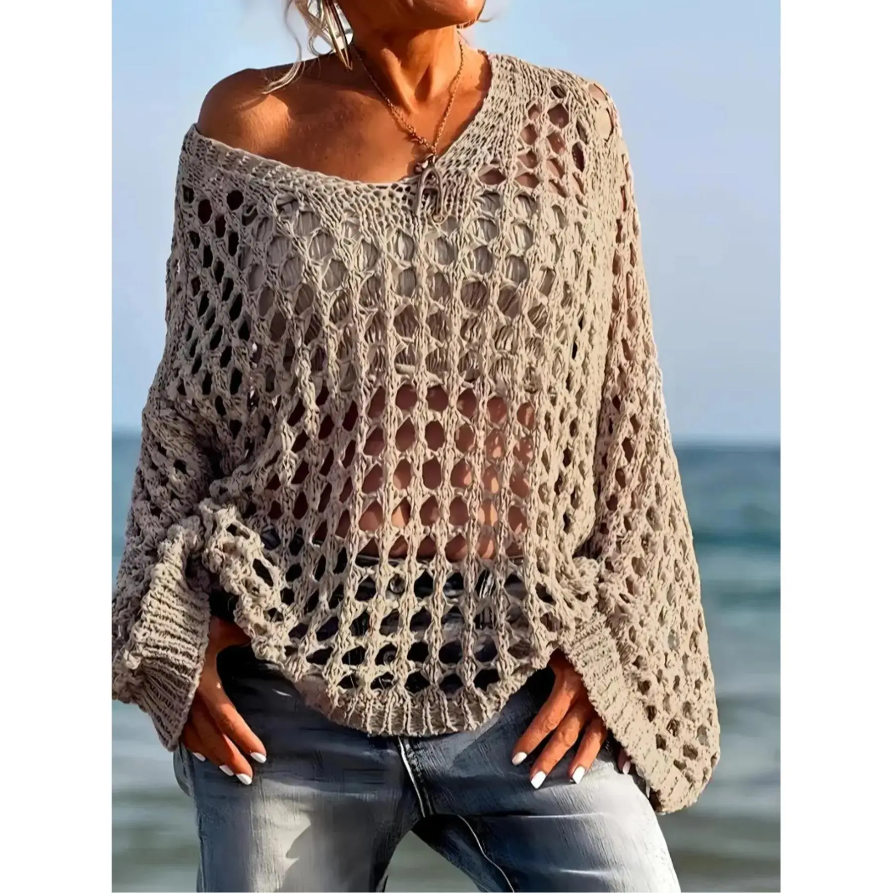 Women's Casual V Neck Knit Top, Loose-Fit Long Sleeve Hollow Out Pullover, Lightweight Polyester for Everyday Sports Wear, Casual Sports Clothing Sets