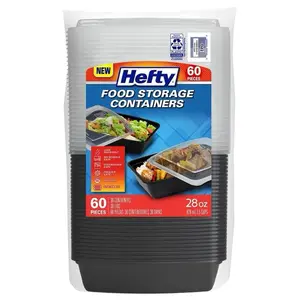 Hefty Food Storage Containers with Lids 28 oz 60 pc Durable Plastic Leak-Proof BPA-Free Microwave & Dishwasher Safe for Meal Prep and Food Preservation Kitchen Smooth Airtight Stackable Utensils