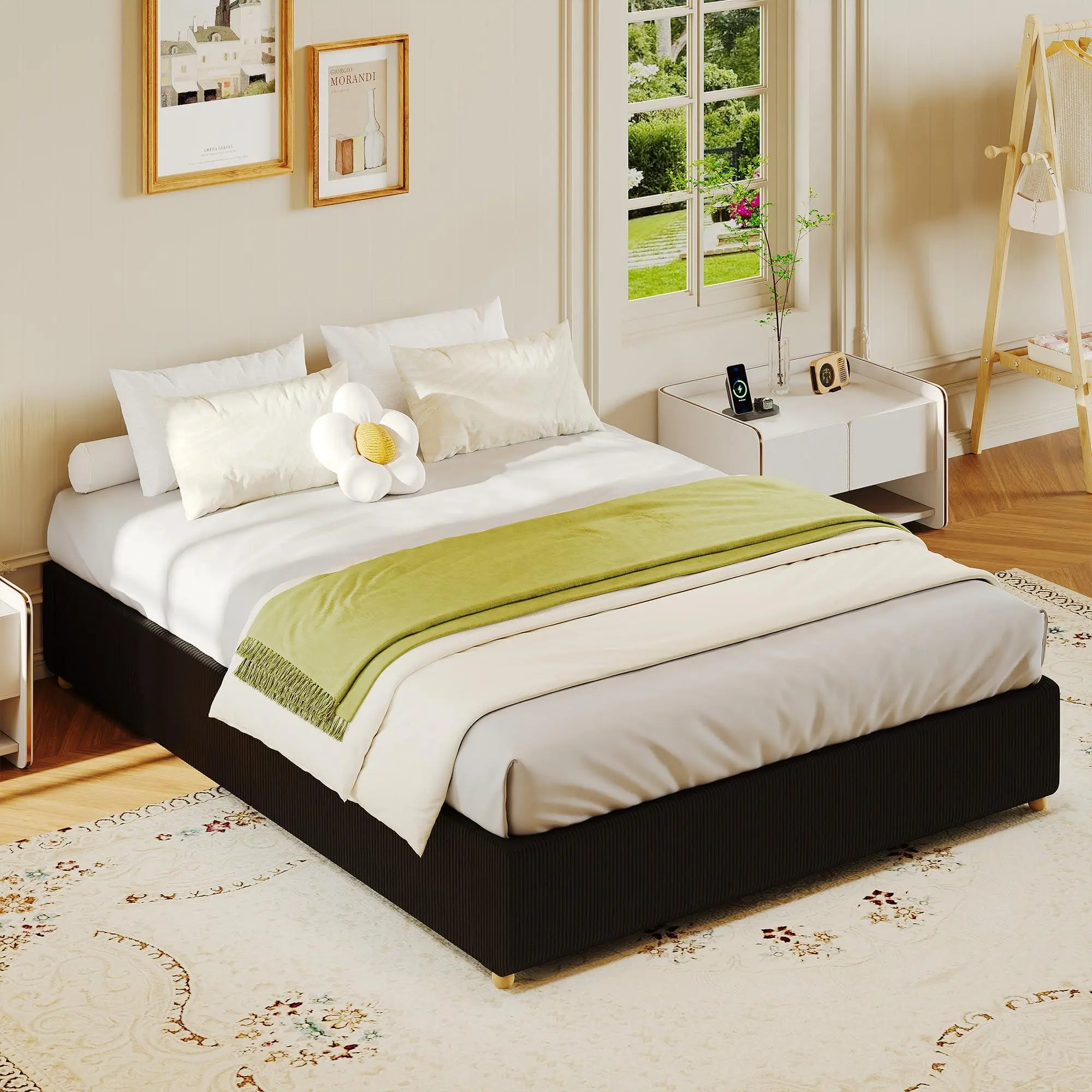 Twin Size Cloud Bed Frame，Corduroy Low Bed Frame Without Headboard, Thick Fabric Upholstered Platform Bed, Solid Wood Legs, No Box Spring Needed, Never Squeak, Easy Assembly, Black