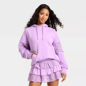 Women's Lace Trim French Terry Hooded Sweatshirt - JoyLab