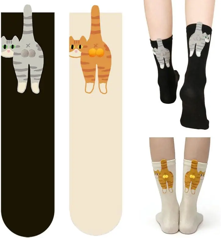 Diuhabo 2 Pairs Cute Cartoon Cat Cotton Socks With Balls, Soft Comfy All Season Casual Funny Socks, Ideal Gifts & Stocking Stuffers