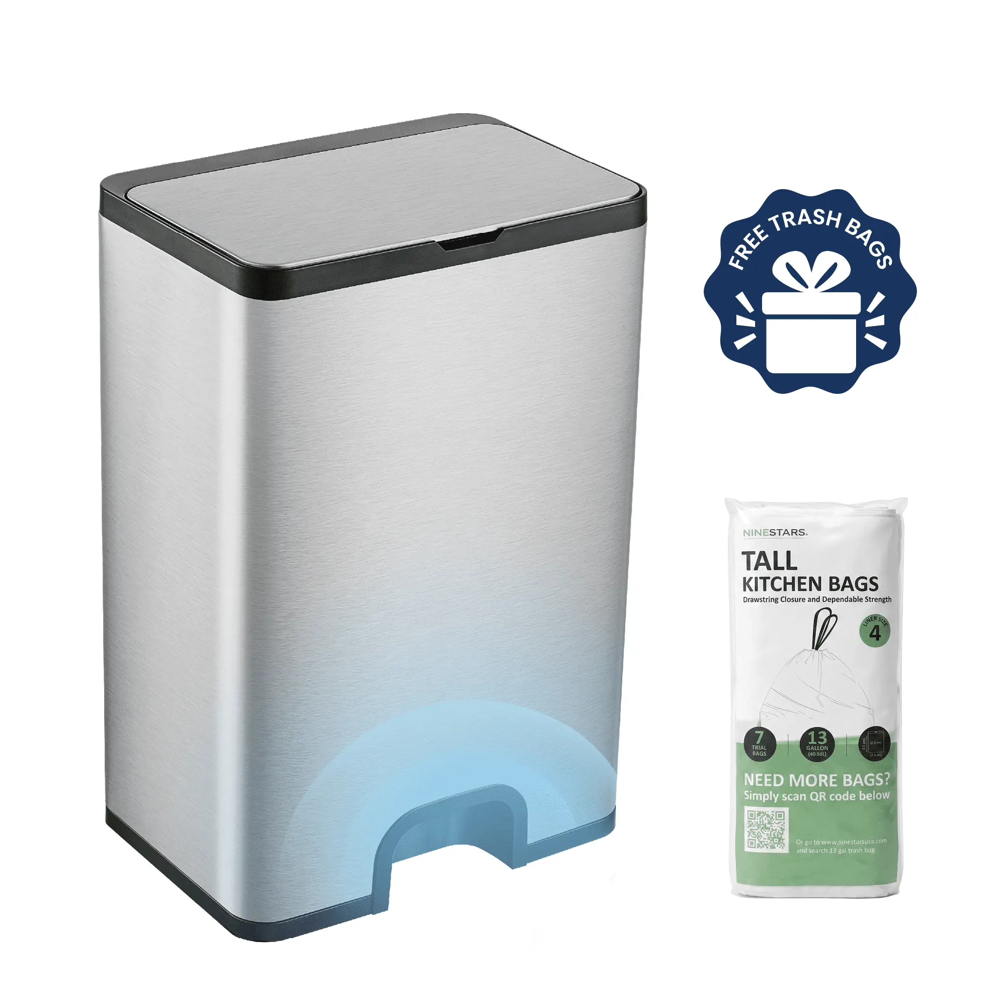 Nine Stars Automatic Kitchen Trash Can For Waste Disposal 13.2 Gallon Silver Stainless Steel Foot Sensor Garbage Bin