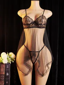 Women’s Black Lace Mesh Babydoll Nightdress Set Sheer Spaghetti Strap Sleepwear with Matching Panty