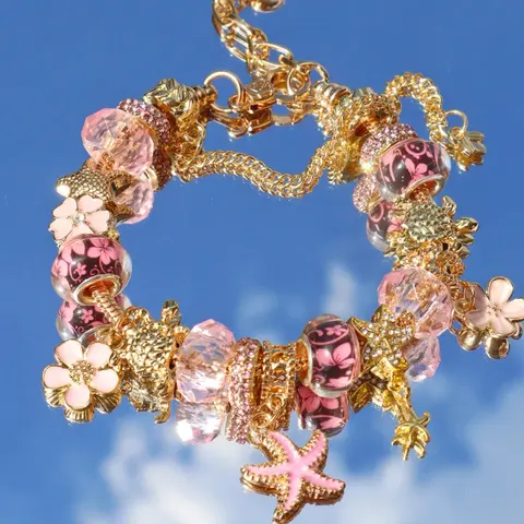 Classic Sakura Pendant Bracelet, Fashion Sea Wind Starfish Shell DIY Bracelet, Sakura Pendant Gift for Girls Women Friends, Metal Bracelet, Elegant Jewelry Bracelet, Summer Dainty Jewelry, Cherry Blossom Bracelet, Alloy Chain Bracelet