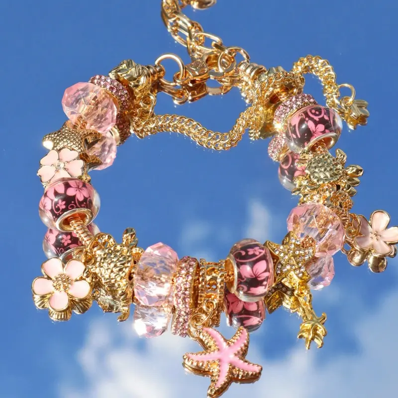 Classic Sakura Pendant Bracelet, Fashion Sea Wind Starfish Shell DIY Bracelet, Sakura Pendant Gift for Girls Women Friends, Metal Bracelet, Elegant Jewelry Bracelet, Summer Dainty Jewelry, Cherry Blossom Bracelet, Alloy Chain Bracelet