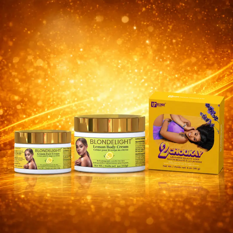 BLONDELIGHT Bondye Fèl Set | 2choukay soap 22g, lemon Face cream 2oz, Lemon Body Cream 4oz|