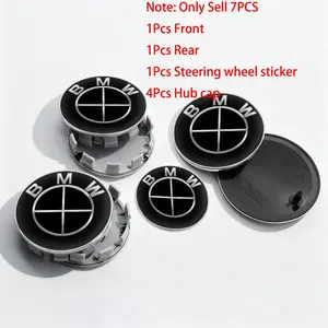 7Pcs BMW All Black Logo Car Front Bonnet Hood Emblem And Rear Trunk Badge And Car Wheel Hub Caps And Car Steering Wheel Sticker Decals For BMW E39 E46 E60 E90 E36 E53 E91 E92 E84 E83 E87 E70 G11 G01 G20 G30 X1 X3 X5 X6 M2 M3 Modification Auto Accessories