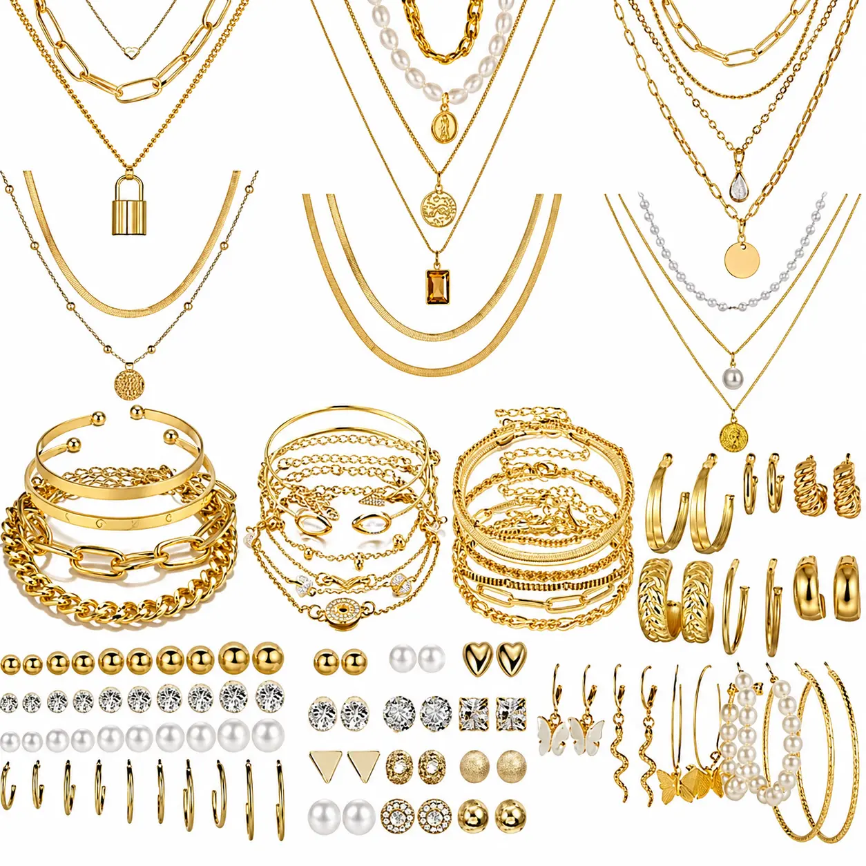 108PCS Gold Jewelry Set for Women, Gold Plated Necklace, Bracelet, Ring & Earrings, Trendy Layered Jewelry Collection #SummerVibes