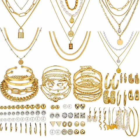 Women's 108PCS Gold Plated Costume Jewelry Complete Accessories Set - Fashionable Elegant Jewelry Bundle with Gold Necklace and Earring Set, Minimalist Layered Bracelet Wrist Stack, Lightweight Comfortable Ring for Daily Casual Wear