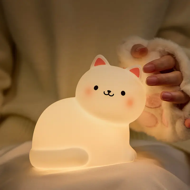 Cute White Cat LED Night Light, Rechargeable 3 Level Dimmable Silicone Night Lights, Dimmable Touch Lamp, Ambient Night Lamp, Office Desk and Home Bedroom Lighting Decor, Nightlight For Bedroom, Gift For Family and Friend