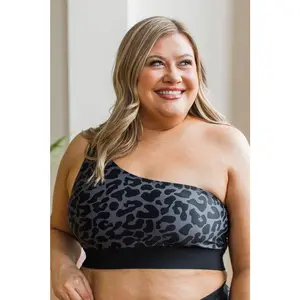 Island Style One-Shoulder Swim Top- Charcoal Leopard & Black