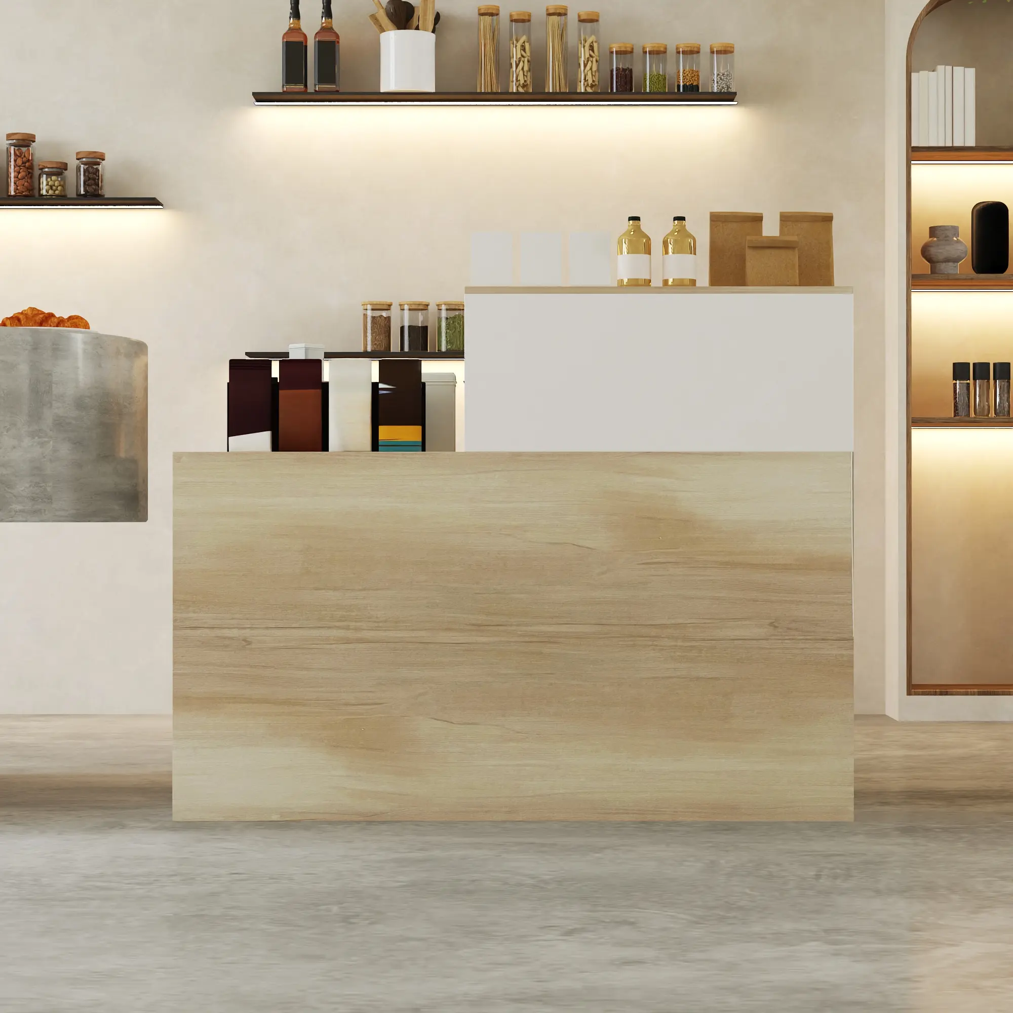 FUFU&GAGA  55.1 Inch Reception Desk Counter, Modern Front Office Check‑in Table with Lockable Drawer & Cabinet, Open Hutch Storage for Retail Salon Shop Business