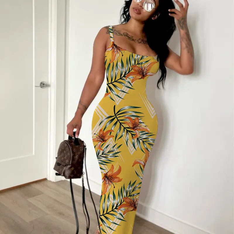 Women's Boho Fashion Dress - Multicolor1 Single Jersey Gingham All-Over Print Sleeveless Cool Shoulder Skinny Slim Bodycon Long Dress, Stretch Fabric, Elegant Silhouette, Machine Washable, Beach Daily Wear