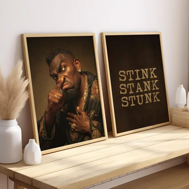 Stylized Black Man Stank Face Portrait Humorous Poster, Set of 2 Bathroom Wall Decor