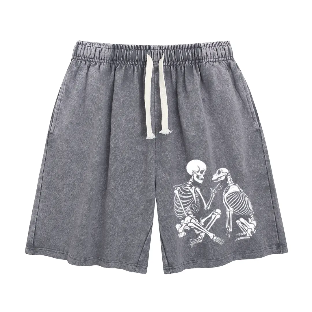 Women's Gothic Pet Lover Baggy Cotton Bleach Shorts - Wayii Branded Graphic Character Print Distressed Acid-Wash Vintage Mineral Wash Gray Sweat Bottoms, Baggy Cotton Shorts,summerwins,summeroutfits,vacationoutfits,beachoutfits