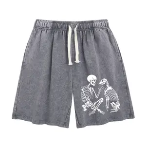 Holafish Skeleton & Dog Friend Acid Washed Shorts, Vintage Mineral Wash Gray Sweat Shorts, Gothic Pet Lover Streetwear Bottoms