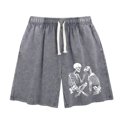 Wayii Women's Gothic Graphic Baggy Wide-Leg Cotton Above-Knee Shorts - Distressed Acid-Wash Gray, Drawstring Adjustable, Lightweight Fabric, Pocket, Halloween Use (Matching Hoodie Available) for Outdoor, Beach