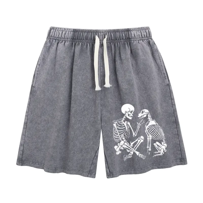 Wayii Women's Gothic Graphic Baggy Wide-Leg Cotton Above-Knee Shorts - Distressed Acid-Wash Gray, Drawstring Adjustable, Lightweight Fabric, Pocket, Halloween Use (Matching Hoodie Available) for Outdoor, Beach