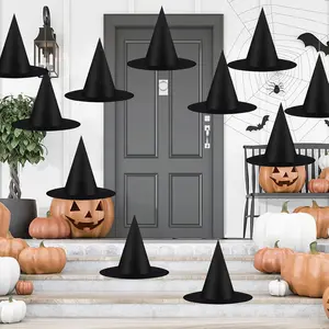 12 PCS Halloween Decorations Witch Hats Costume Accessory, Thickened Hanging Black Wizard Hat Bulk for Women Kids with Rope Floating Porch Indoor Outdoor Hocus Pocus Decor Party Supplies