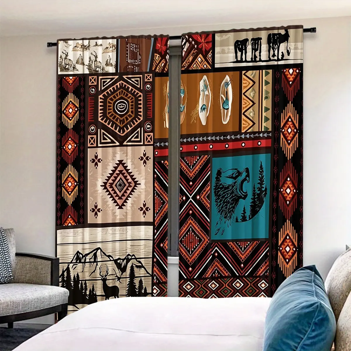 Boho Geometric Patchwork Curtain Set, 2-Piece Vintage Tribal Style Drapes, Perfect for Living Room and Bedroom Decor