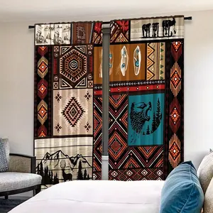 Boho Geometric Patchwork Curtain Set, 2-Piece Vintage Tribal Style Drapes, Perfect for Living Room and Bedroom Decor