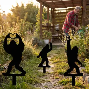Sasquatch Iron Garden Stakes, Bigfoot Metal Yard Art, Whimsical Bigfoot Lawn Ornament, Rock On Heart Bigfoot Sign, Weatherproof Iron Decor