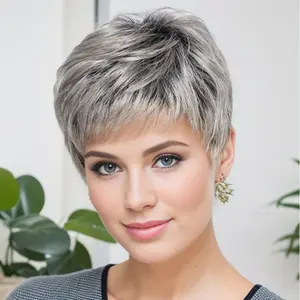 Pixie Cut Hairstyle Short Gray Wigs for White Women Straight Layered Hair Silver White Short Wigs for Older Women Synthetic Short Highlight Ombre Grey Wig with Bangs Daily Party Wig for Mommy