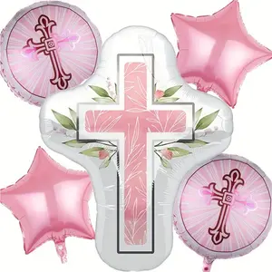 5 Pcs Baptism Balloons Set, Cross & Star Foil Balloons, Ideal for Baptism, Communion, Confirmation & Birthday Party Decorations