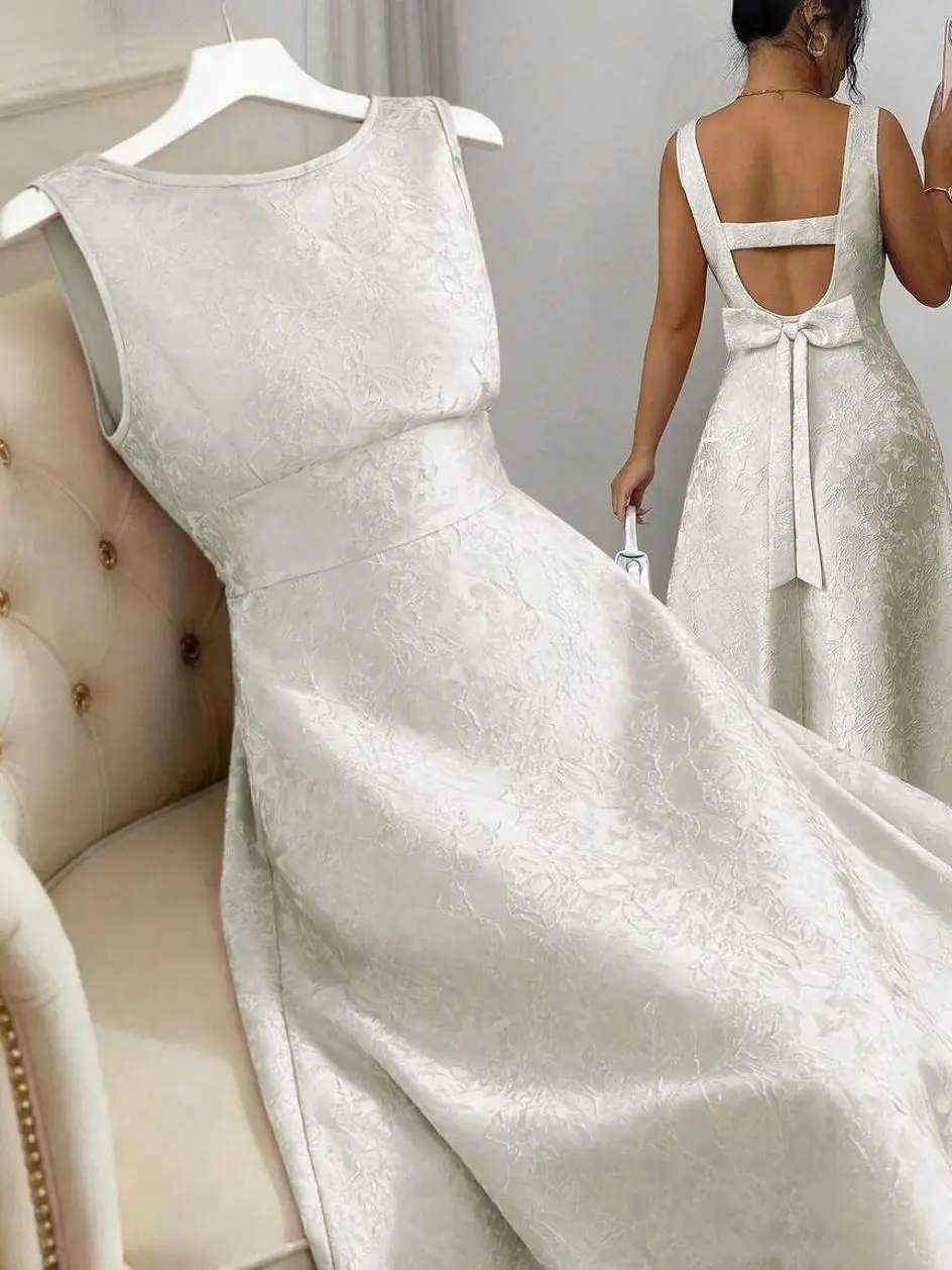 Women's Jacquard Backless Waist Cinched A-Line Mid-Length Dress,Dusty Pink,Summer,Elegant,Wedding Ninang,French Vintage Sleeveless Valentine's Day