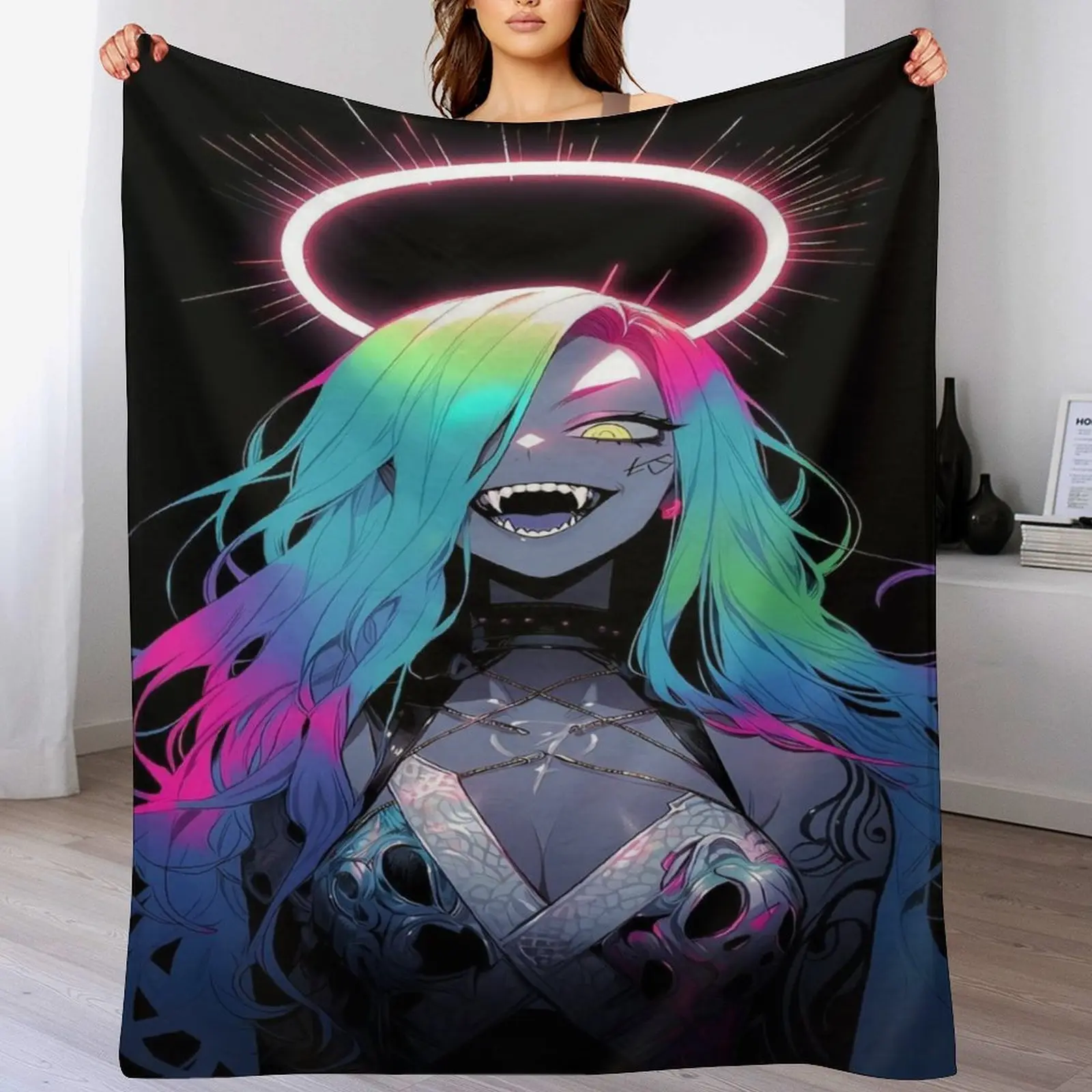Neon Demon Girl Throw Blanket, Rainbow Ombre Hair & Pink Glowing Halo Anime Blanket, Ultra Soft Flannel Blanket for Bed Couch, Dark Cyberpunk Aesthetic Room Decor