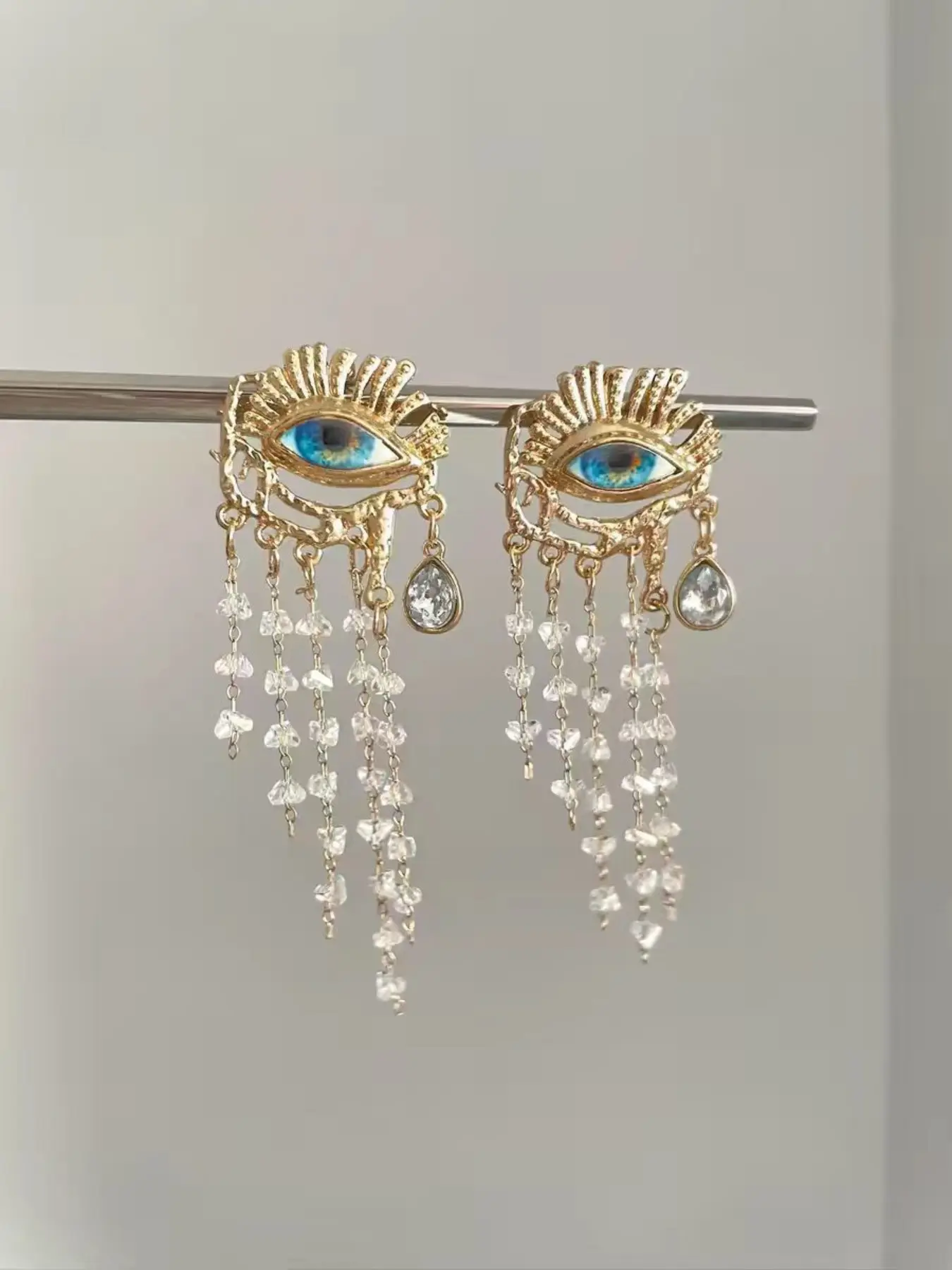 Blue Evil Eye Tassel Earrings, Boho Crystal Fringe Statement Earrings, Celestial Festival Jewelry for Women, Party Festival Earrings, All Seasons Wear