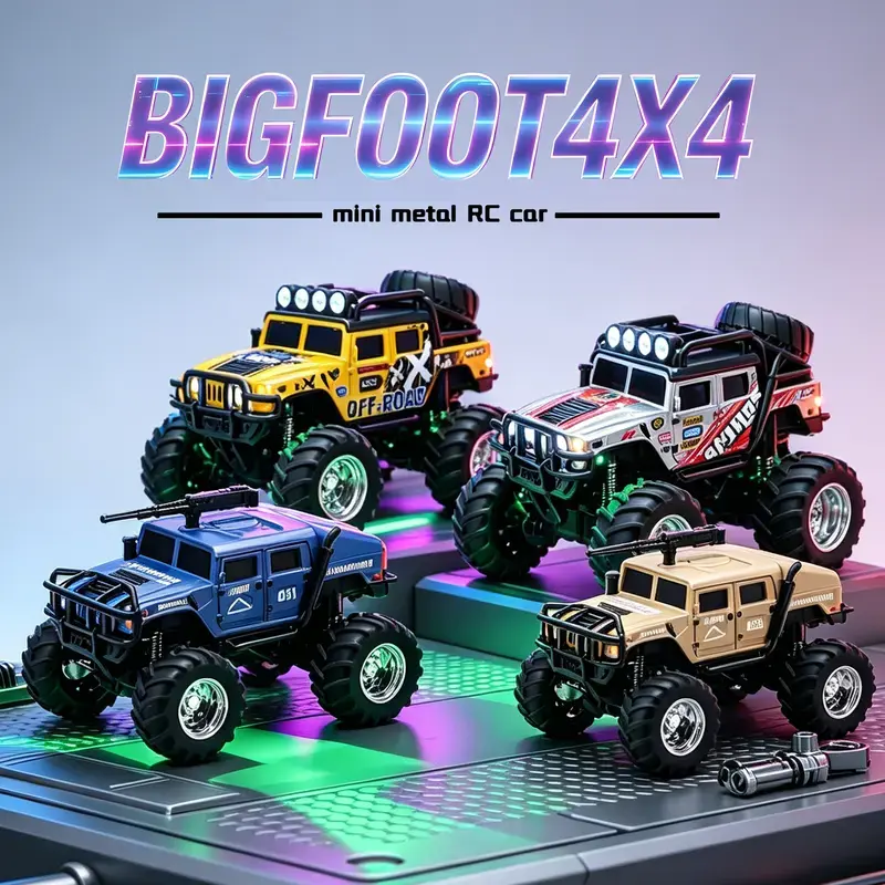 1:64 Scale Mini Metal RC Monster Truck - RC Model Car, Rechargeable Race Car, Remote Control Kart, APP & 2.4GHz Control, 4 Independent Suspension Shocks, High-Grip Rubber Tires, All-Terrain, Anti-Drop Build, LED Lights, Stunt Toys for Kids, Rc Car