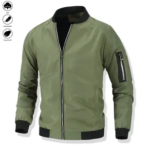 Solid Color Baseball Collar Jacket for Men, featuring an overall solid color design with black ribbed cuffs, collar, and hem. Zipper closure.Casual and workwear feel, suitable for everyday or light outdoor wear.