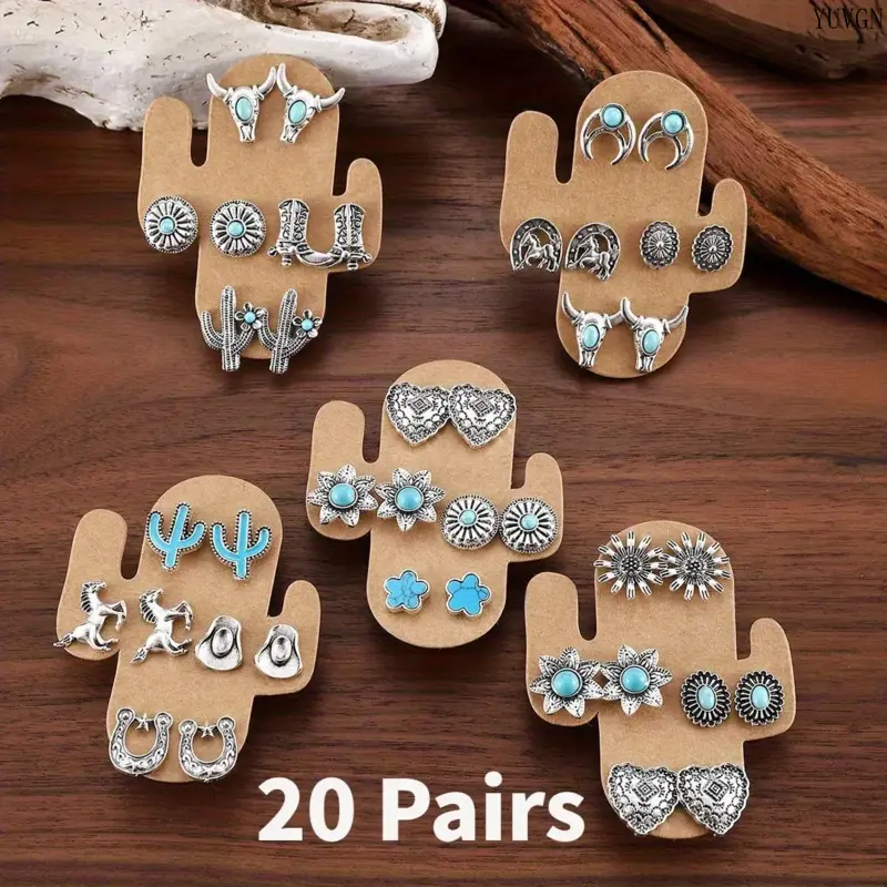 Women's Retro Western Earrings Set, 20 Pairs of Turquoise Alloy Studs with Cactus, Bull Skull, Horseshoe & Flower Designs for Casual Daily Wear, Stud Earrings, Female, Multiple Pairs, Skull‑Art Studs
