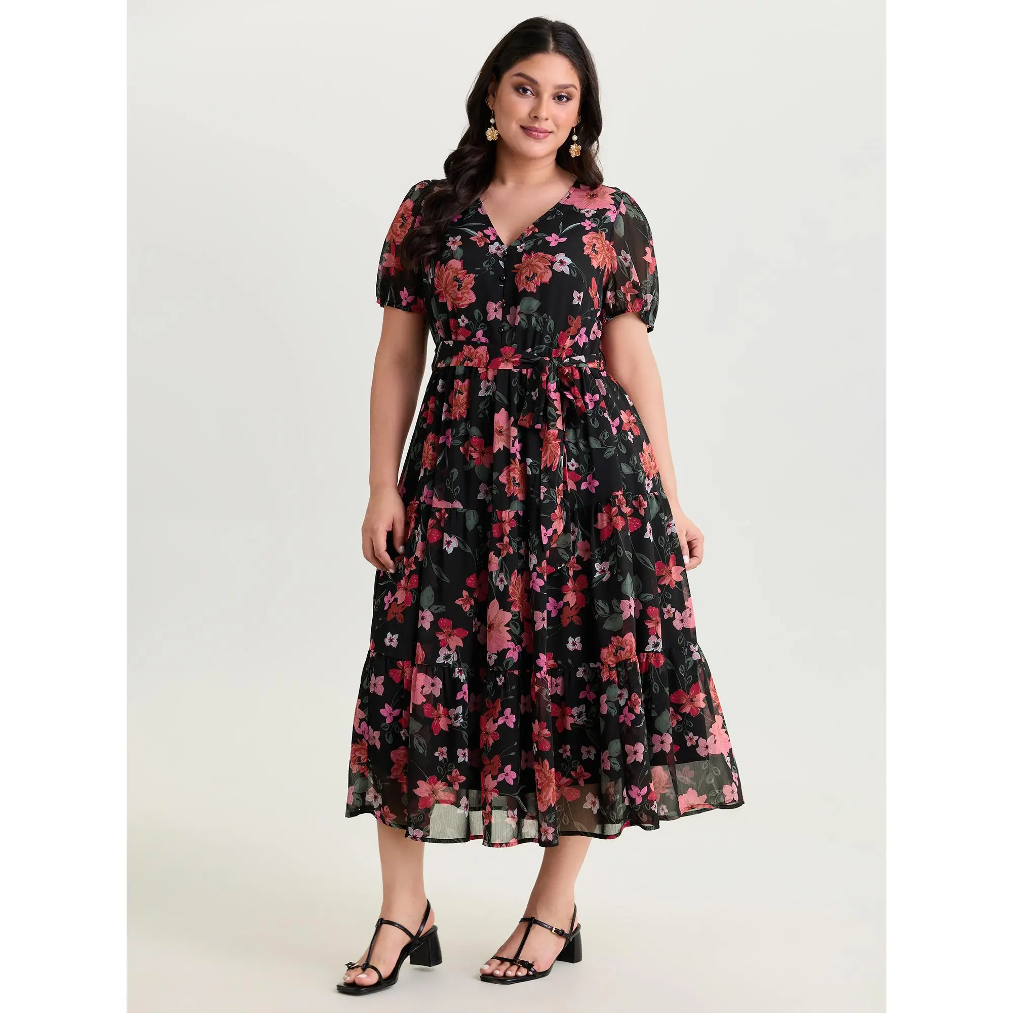Casual Ditsy Floral Midi Dress for Women, Summer Puff Sleeve Button-Front Tunic with Belt and Hidden Pockets, Casual Wear, Tunic Dress, Fabric, Flattering Cut, Flower, Midi Length, Comfy, Breathable, Everyday, Simple, Smooth, Polyester, Short Sleeve, Bump