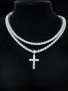 Luxury Artificial Zircon Cross Pendant Necklace for Girlfriend, Rhinestone Cross Necklace, Elegant Rhinestone Necklace, Streetwear Punk Hip Hop Matching Jewelry for Party, Daily Clothing Decor for Girl, Cuban Cross Necklace