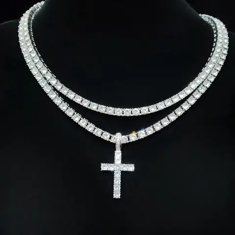 Luxury Artificial Zircon Necklace for Girlfriend, Rhinestone Cross Necklace, Streetwear Punk Hip Hop Matching Jewelry for Party, Daily Clothing Decor for Girl, Fashion Accessory Necklace
