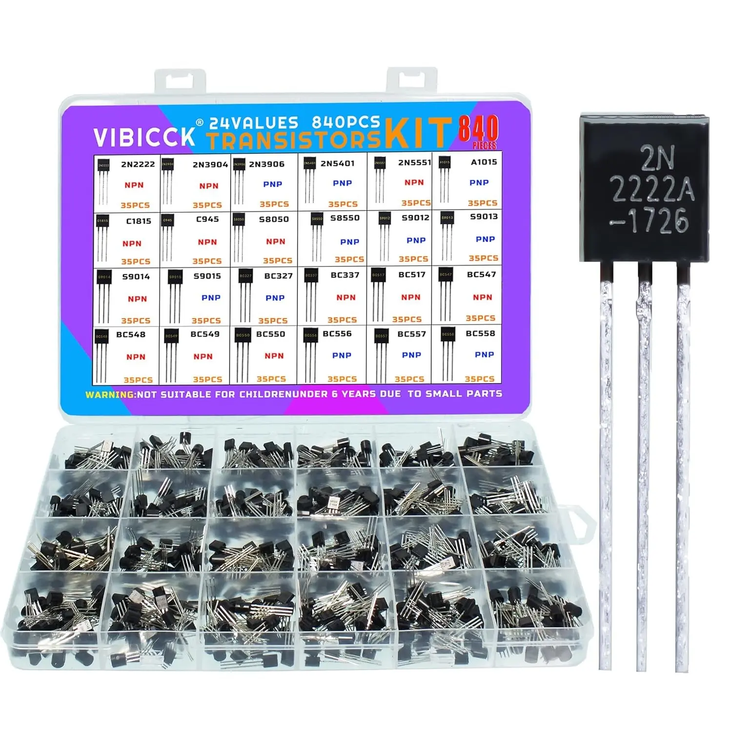 24 Value 840-piece Assorted Type General Purpose TO92 Transistors PNP NPN Bipolar Power Transistor Assortment Kit with Individual Compartment