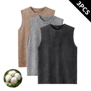 3 pcs men’s 100% cotton tank tops, vintage distressed sleeveless shirts, breathable summer tees